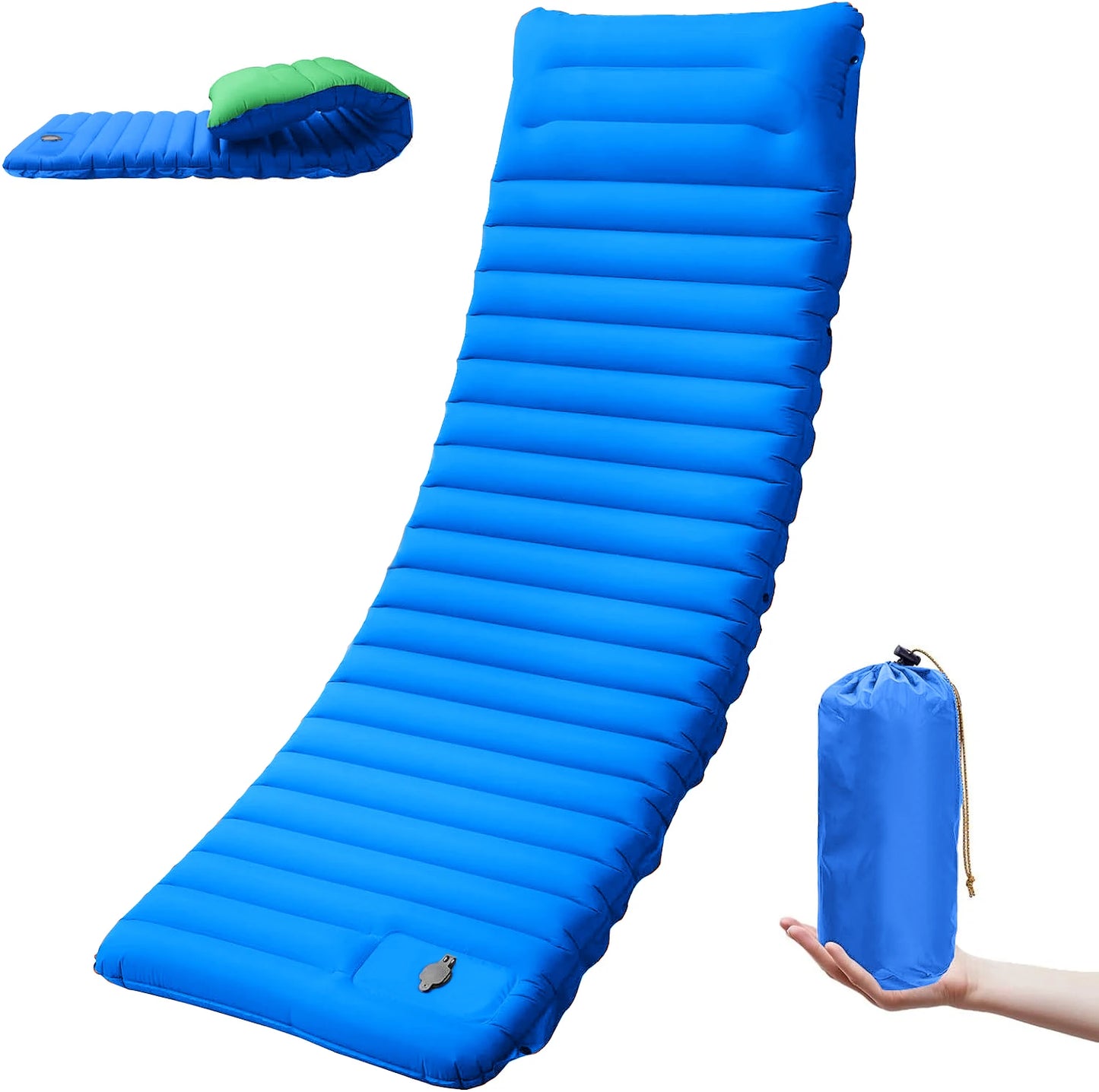 Cloudrest Self-Inflating Camp Sleeping Pad in blue, rolled and packed next to its carry bag.