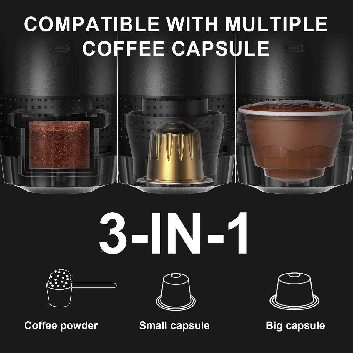 Trailbrew Wireless Espresso Machine compatibility chart: works with ground coffee, small capsules, and big capsules