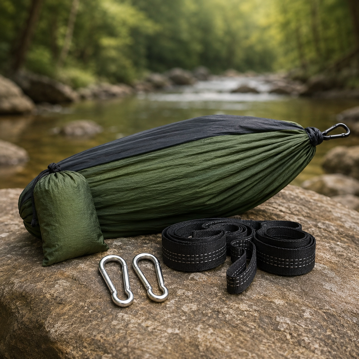 Drift & Doze Camping Hammock, included carry bag, carabiners, and tree straps