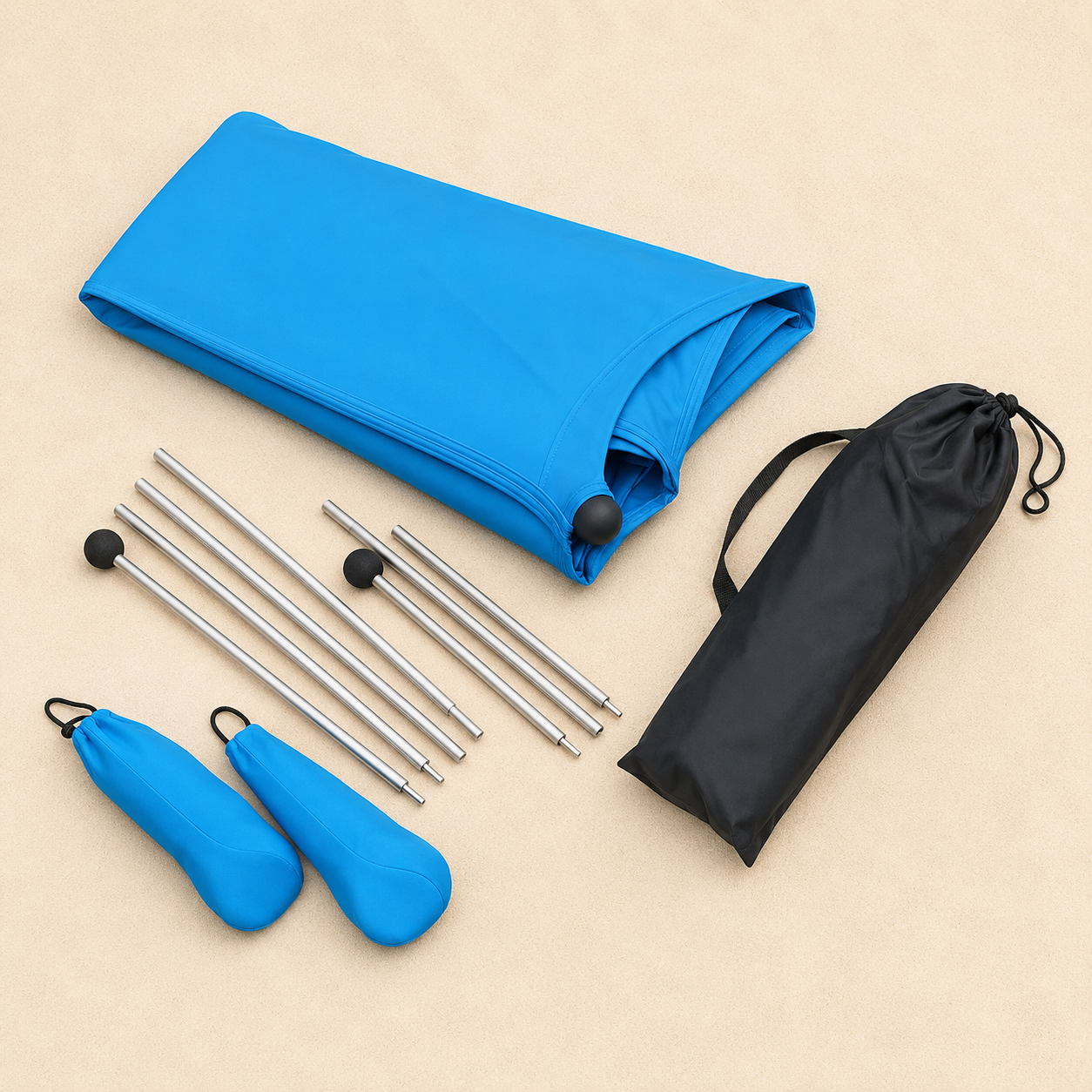 Sundeck Awning packed with poles, weighted anchor pods, and carry bag