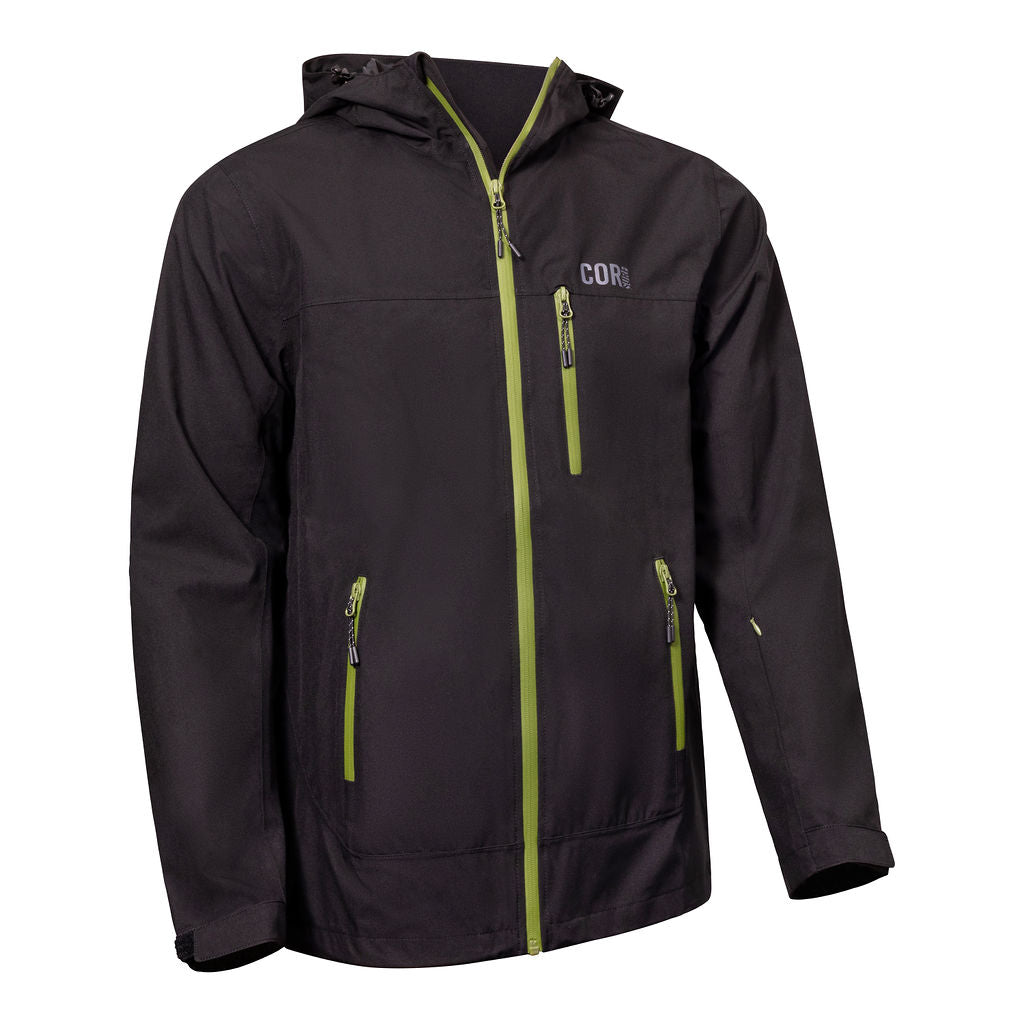 Packable travel rain jacket in black with a green zipper, the shell layer for a wet festival weekend