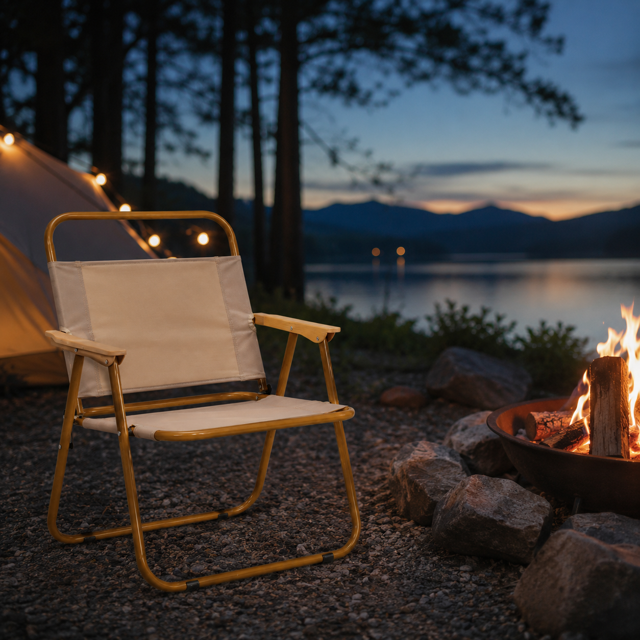 Camp Moon Chair beside an evening campfire