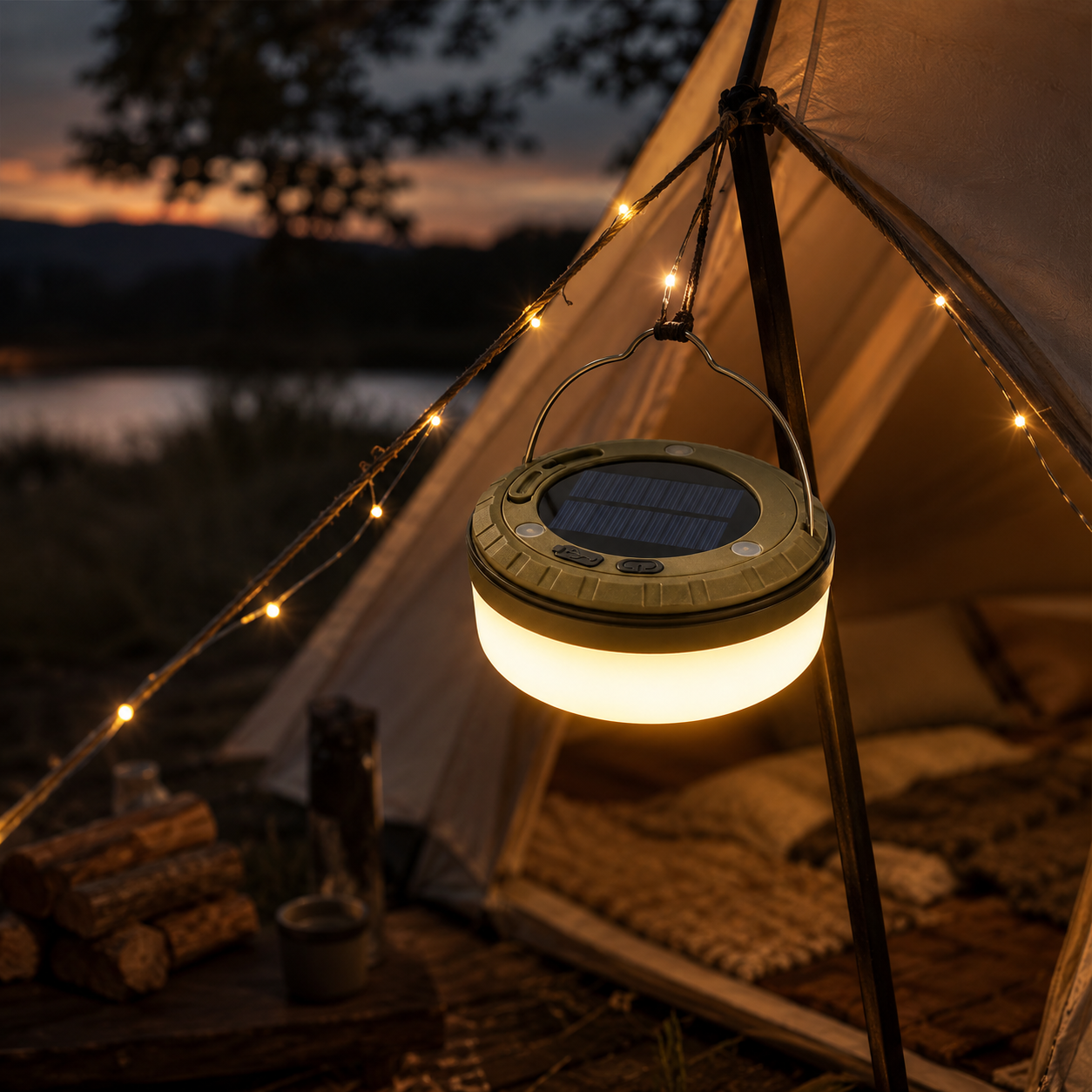 Ember Trail Solar Camp Light hanging at campsite