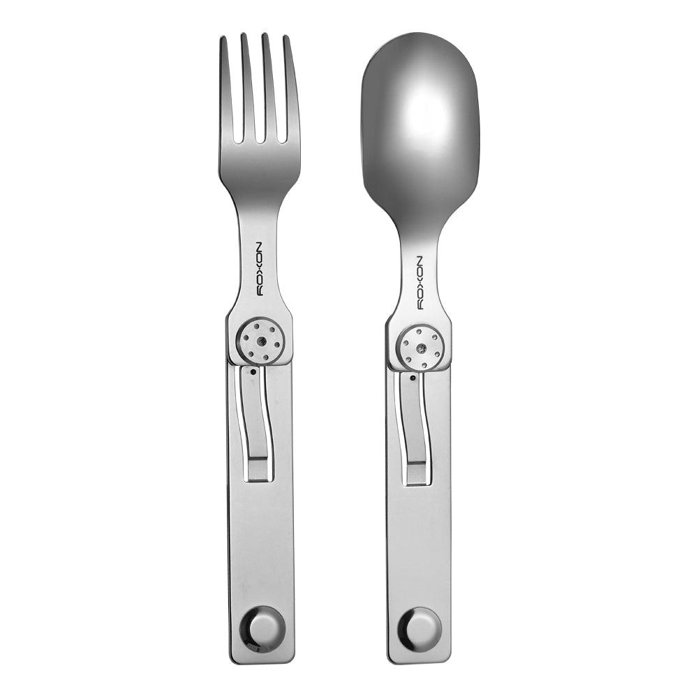 ROXON 2-in-1 folding camp cutlery set — magnetic fork and spoon
