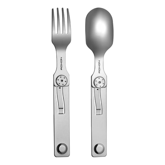 ROXON 2-in-1 folding camp cutlery set — magnetic fork and spoon