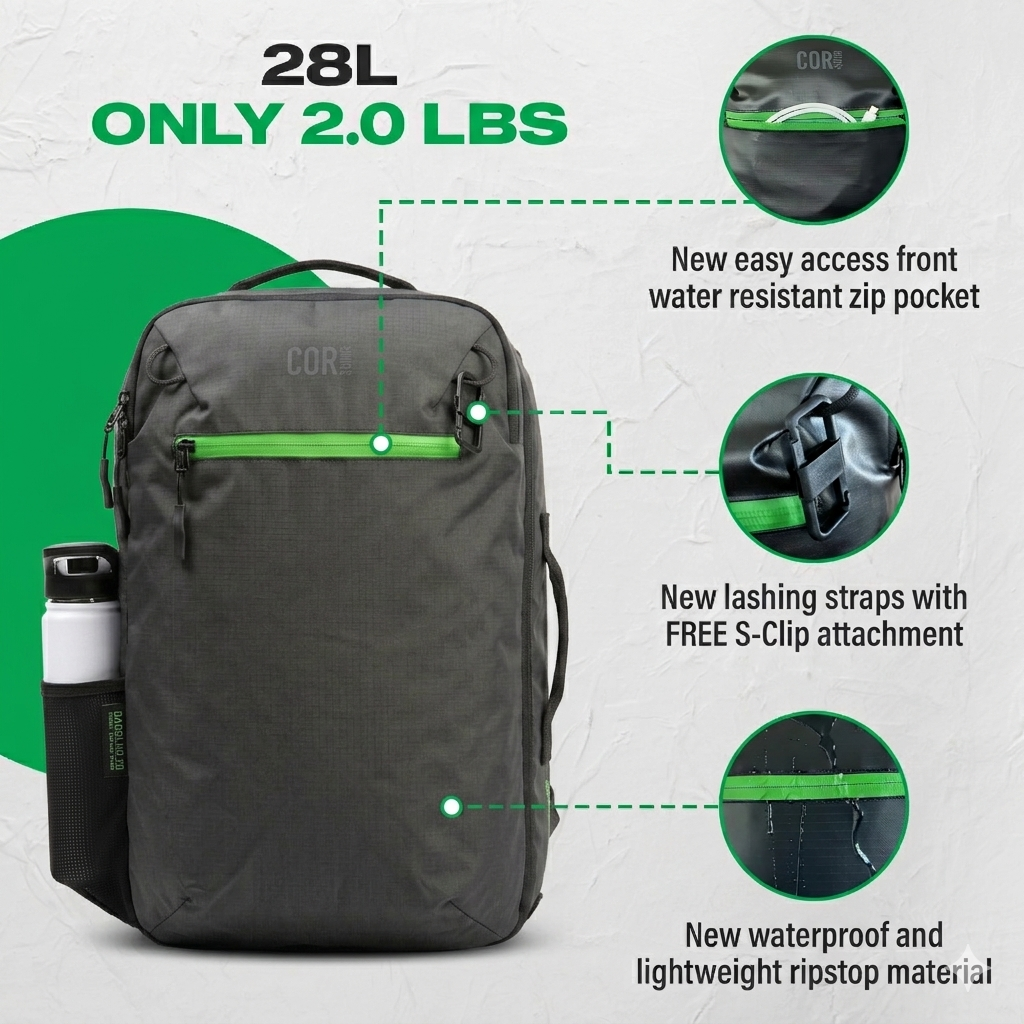 COR Surf Island Hopper 2.0 28L clamshell layout infographic