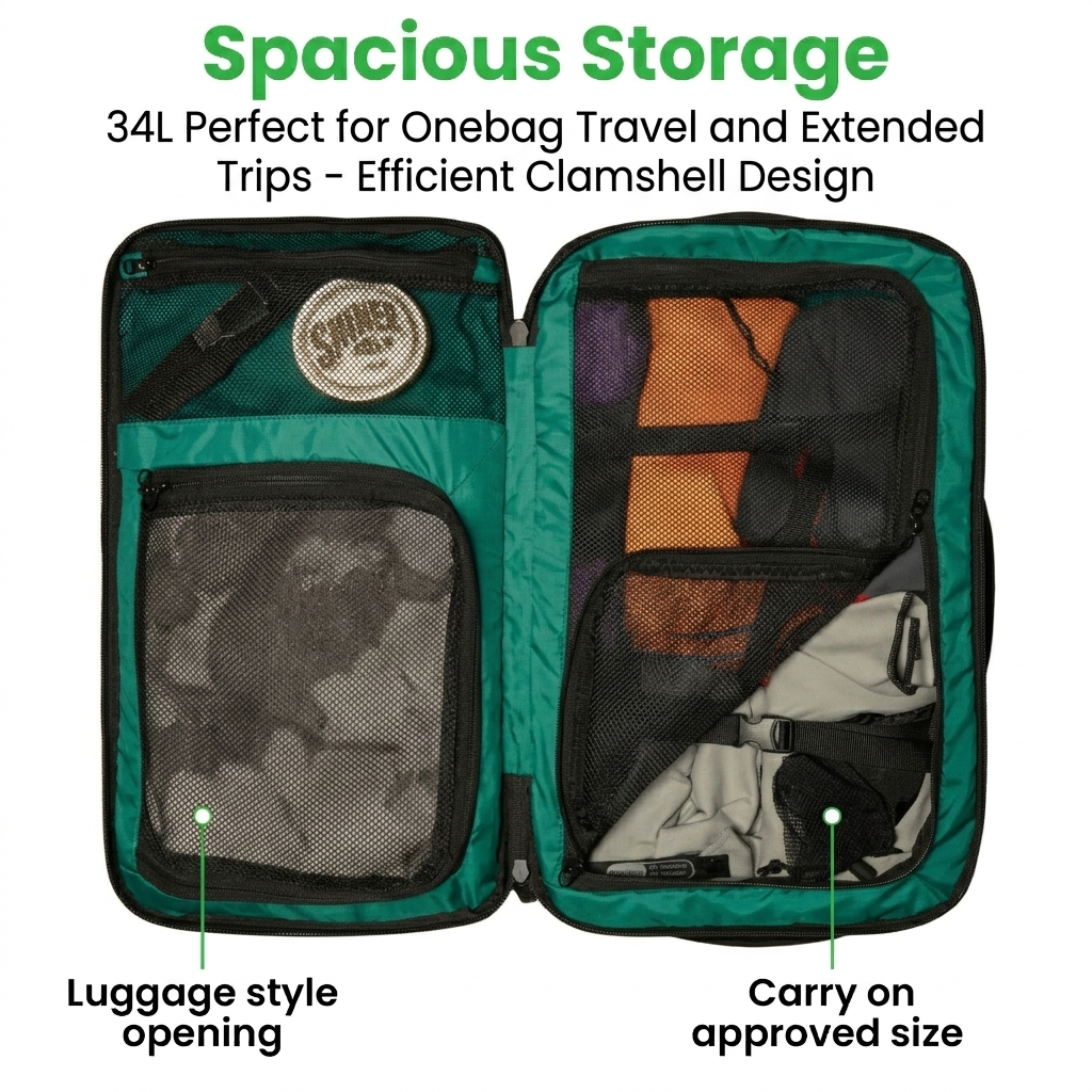 COR Surf Island Hopper 2.0 34L clamshell layout infographic
