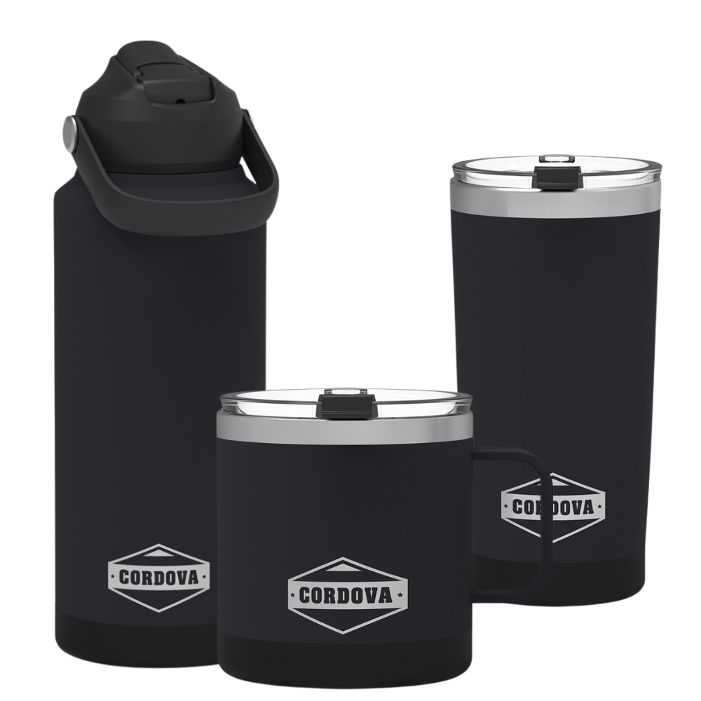 Cordova Trailhead drinkware trio in Obsidian — bottle, mug, and tumbler