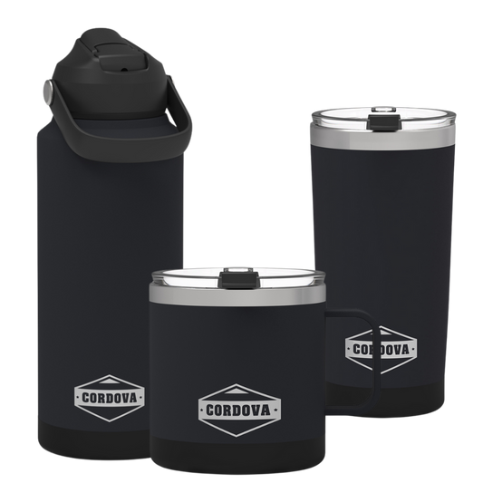 Cordova Trailhead drinkware trio in Obsidian — bottle, mug, and tumbler