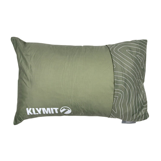 Klymit Drift Summit camp pillow in Oil Green, packed in its travel shell