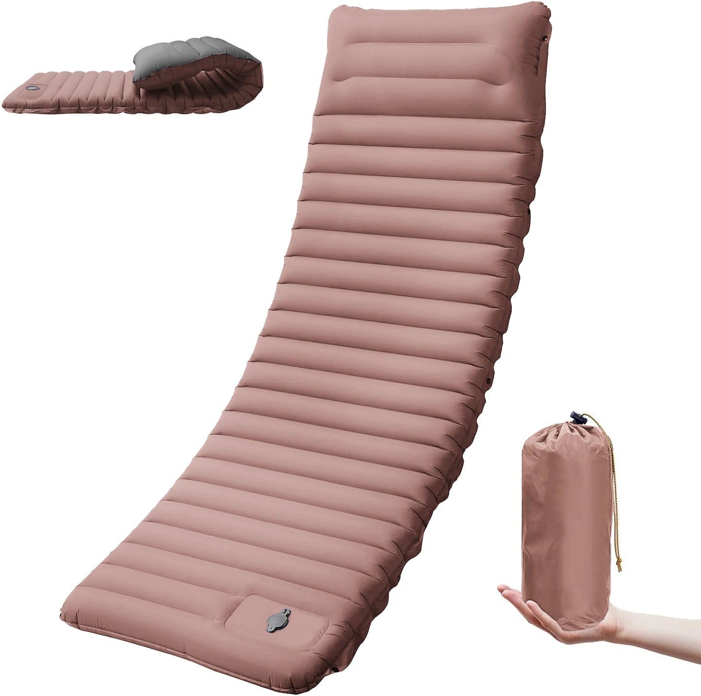 Cloudrest Self-Inflating Camp Sleeping Pad in dusty rose, rolled and packed next to its carry bag.