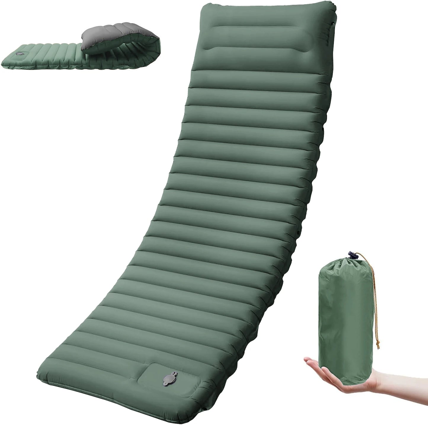 Cloudrest Self-Inflating Camp Sleeping Pad in green, rolled and packed next to its carry bag.