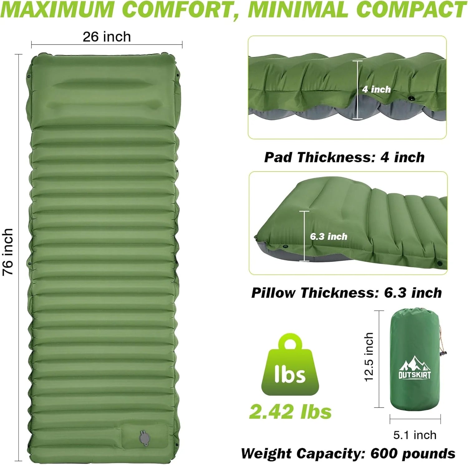 Dimensions chart for the Cloudrest sleeping pad: 26 x 76 inches, 4 inch thickness, 6.3 inch pillow, 2.42 lbs, packs to 5.1 x 12.5 inches, 600 lb capacity.