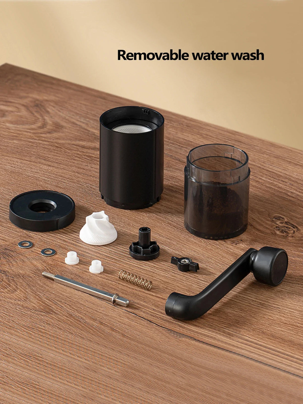 Trailgrind Manual Coffee Grinder disassembled into washable parts for cleaning