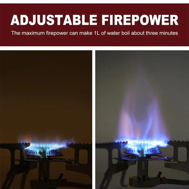 Trailblaze camp stove diagram highlighting adjustable firepower and a three-minute one-liter boil time