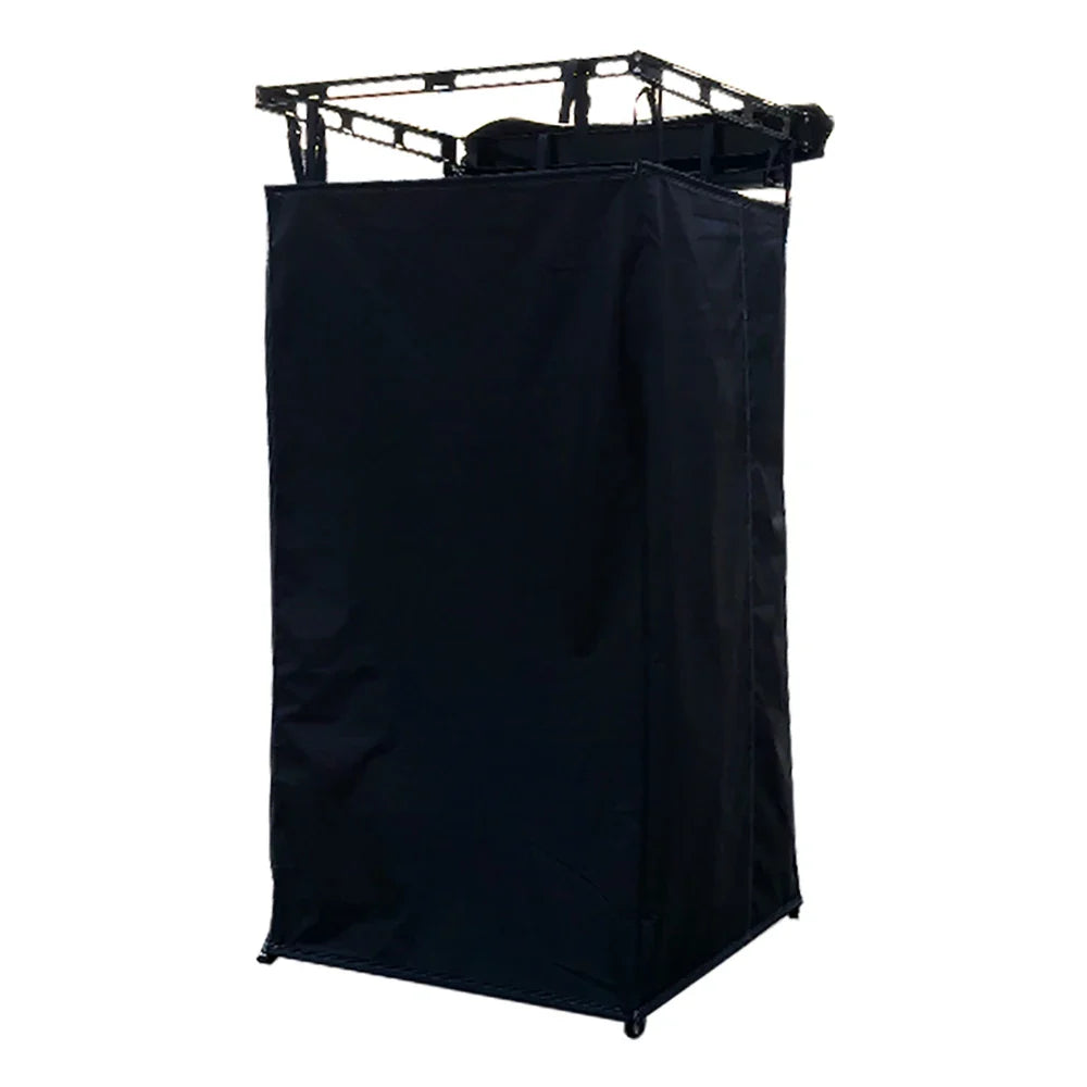 Fast-Pitch Shower Cabin — matte-black quick-open camp shower and changing room