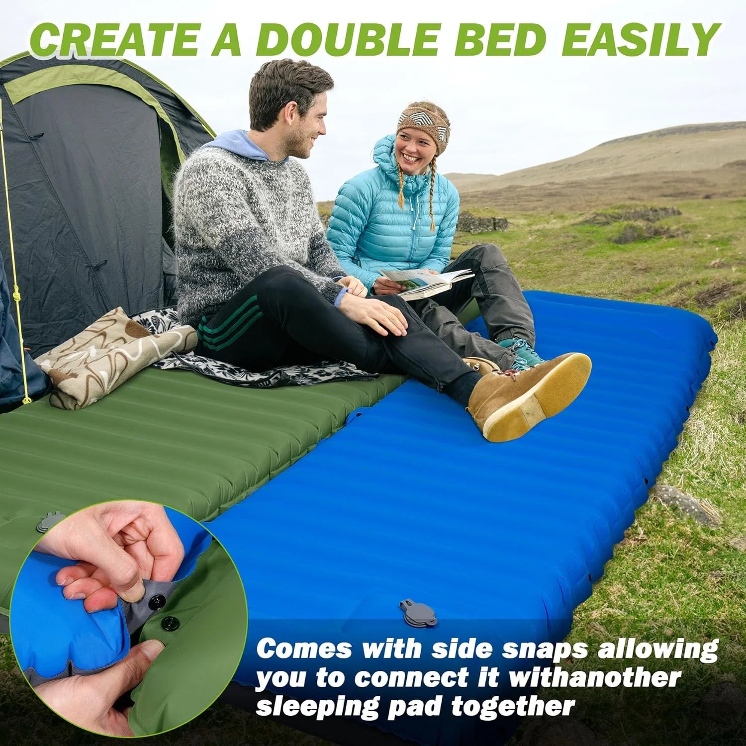 Two Cloudrest sleeping pads connected with side snaps to create a double bed, with a couple sitting on them outdoors.