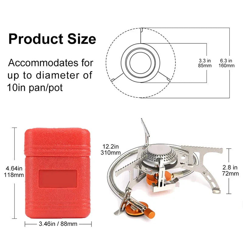 Measurement chart showing the folding camp stove's compact dimensions alongside a fuel canister