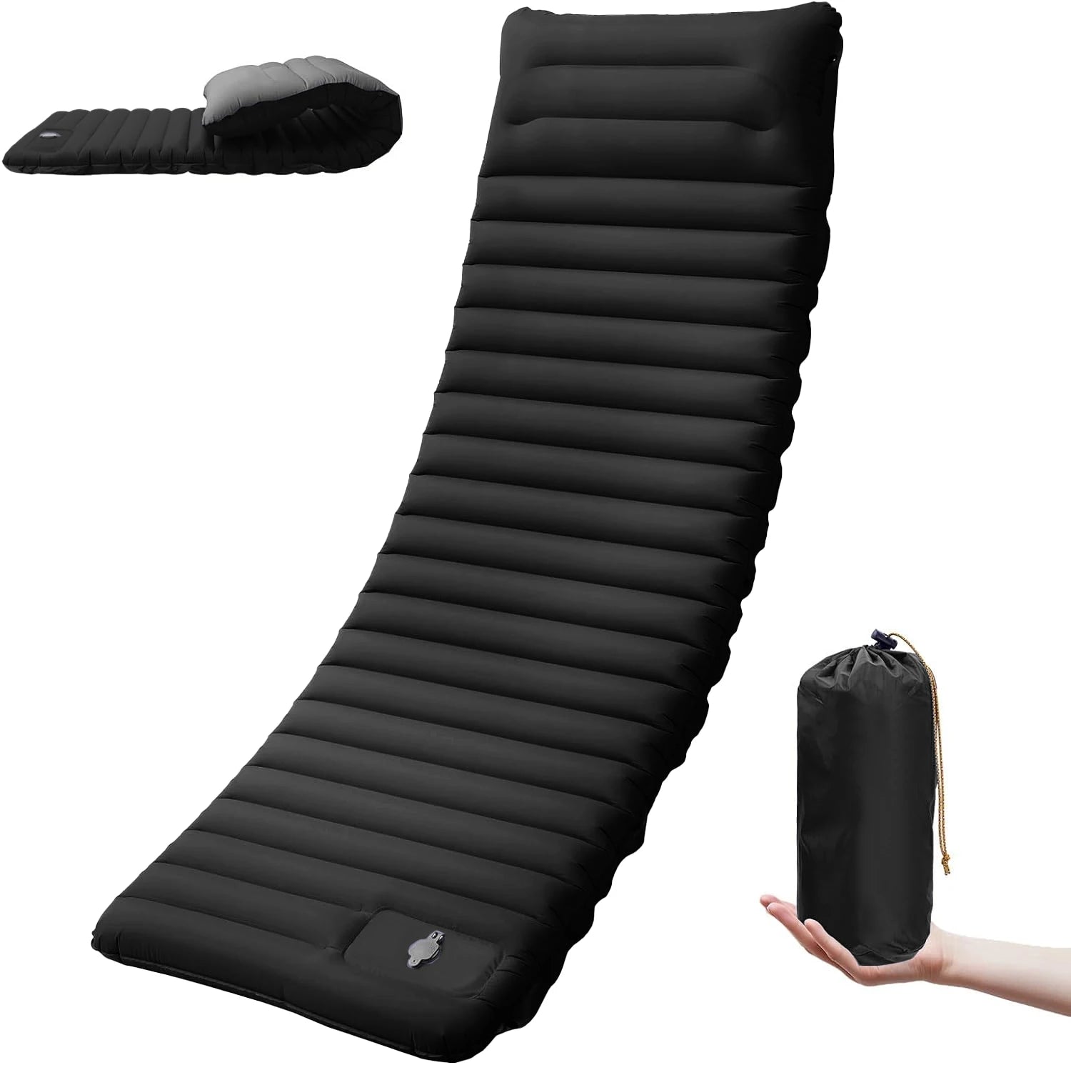Cloudrest Self-Inflating Camp Sleeping Pad in black, rolled and packed next to its carry bag.