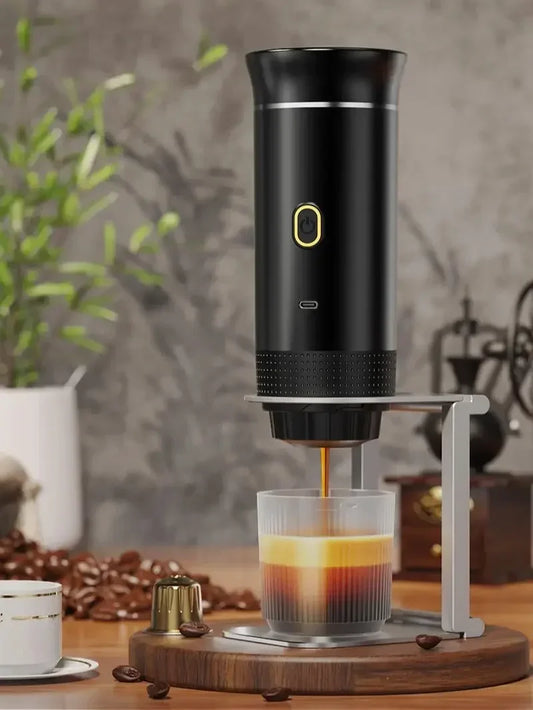 Trailbrew Wireless Espresso Machine brewing a shot of espresso into a glass on a wood tray