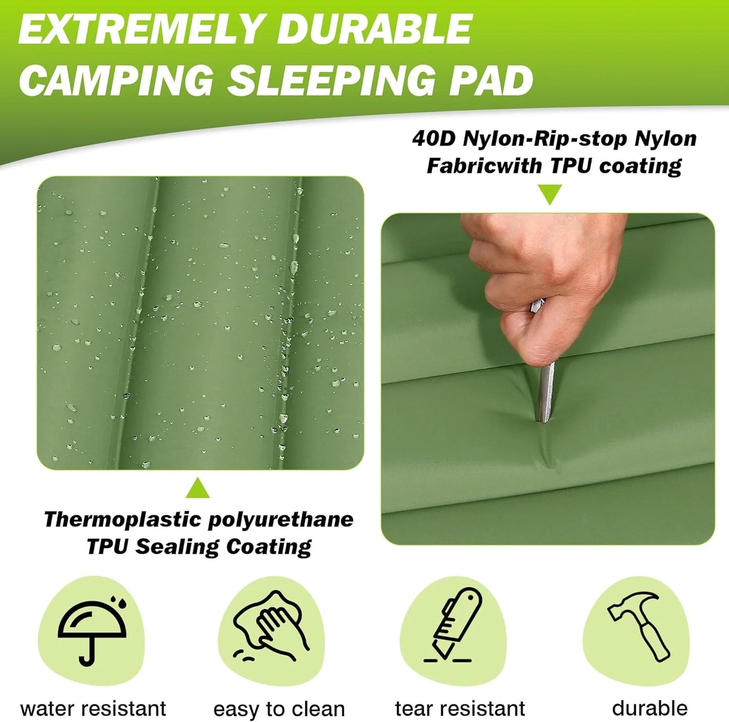 Graphic showing the Cloudrest pad's durable, water-resistant, tear-resistant 40D rip-stop nylon fabric with TPU coating.