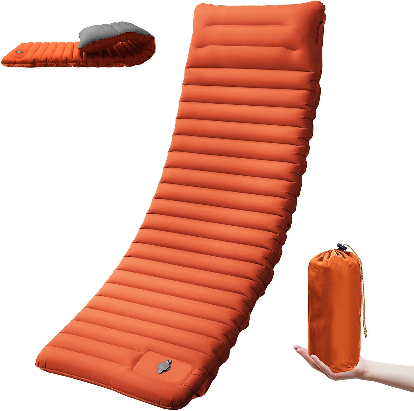 Cloudrest Self-Inflating Camp Sleeping Pad in orange, rolled and packed next to its carry bag.