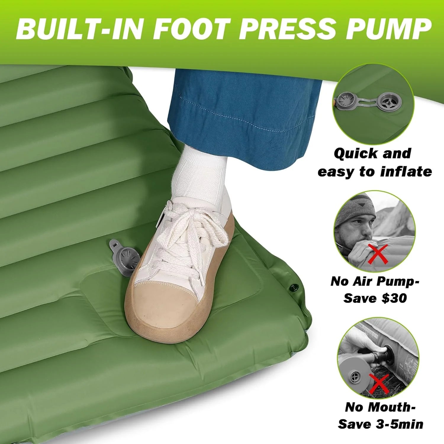 Graphic highlighting the Cloudrest pad's built-in foot press pump, no separate air pump or mouth inflation needed.