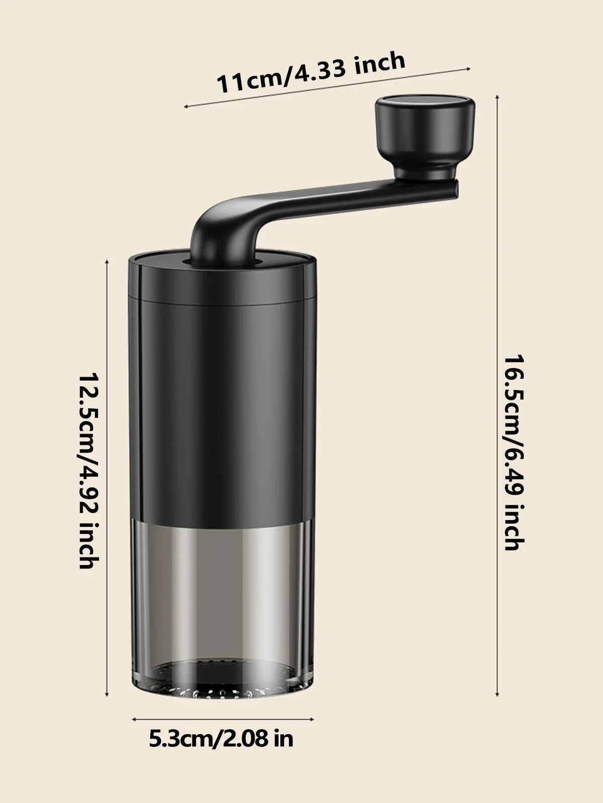 Trailgrind Manual Coffee Grinder dimensions — 16.5cm tall, 11cm crank length, 5.3cm base diameter