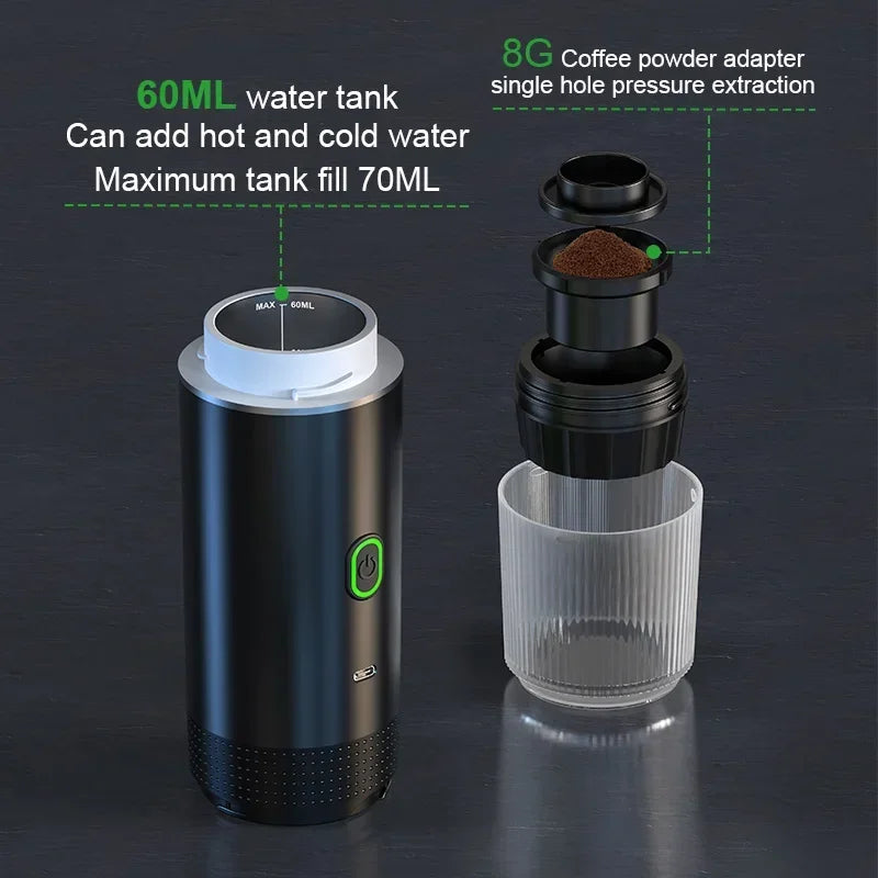 Trailbrew Wireless Espresso Machine's 60ml water tank and coffee pod adapter shown separated for filling