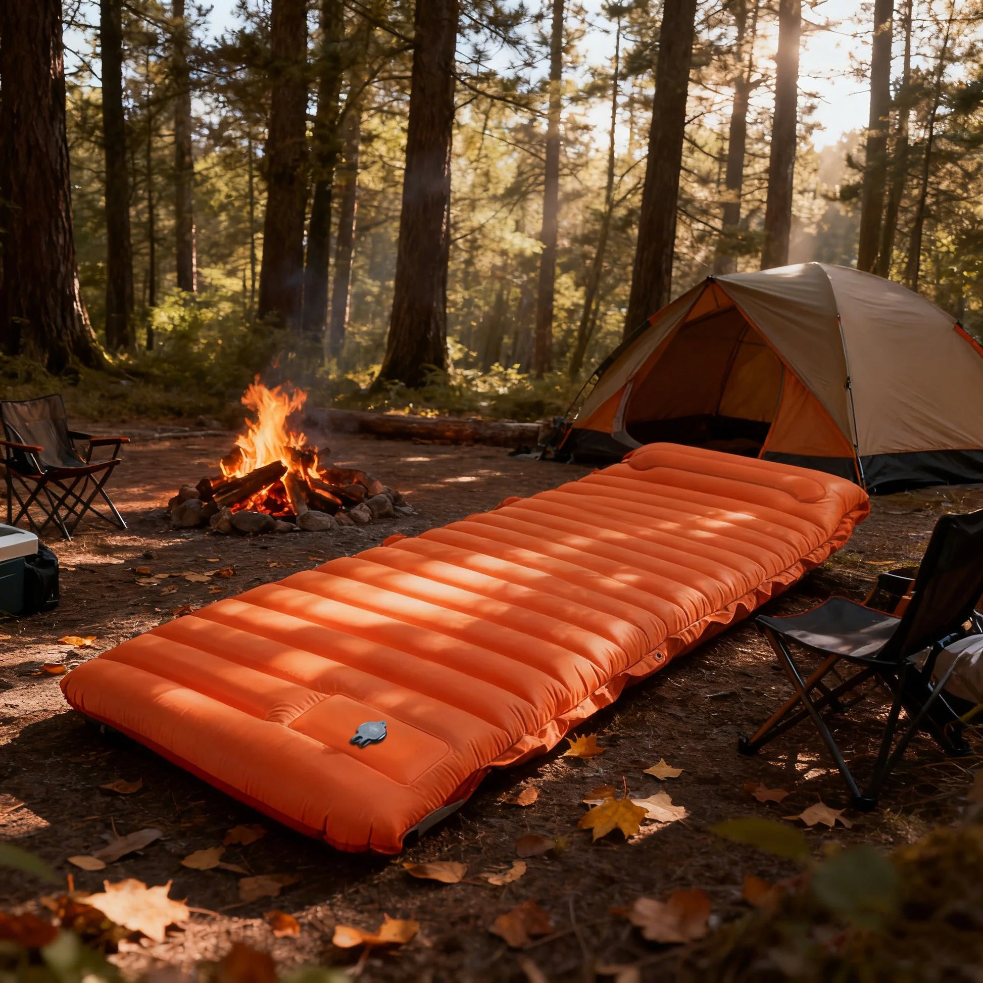 Cloudrest Self-Inflating Camp Sleeping Pad in orange, inflated at a forest campsite next to a campfire and tent.