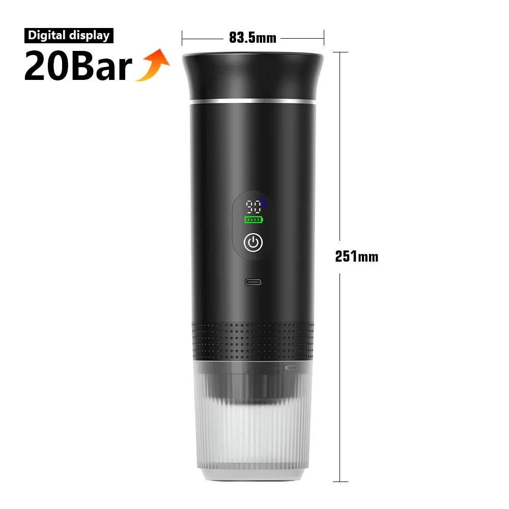 Trailbrew Wireless Espresso Machine digital display and dimensions, 83.5 x 251mm