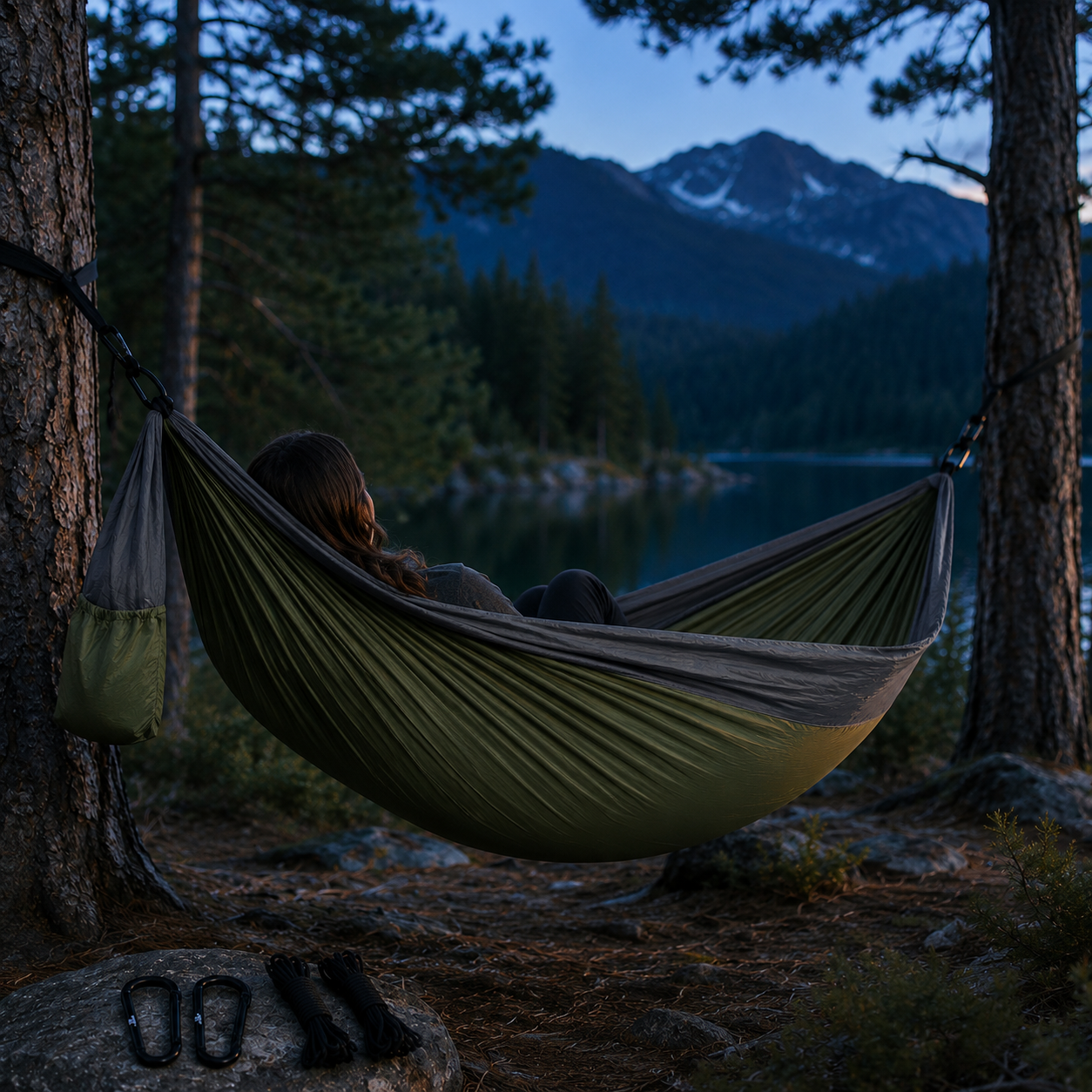 Drift & Doze Camping Hammock, person relaxing lakeside at blue hour