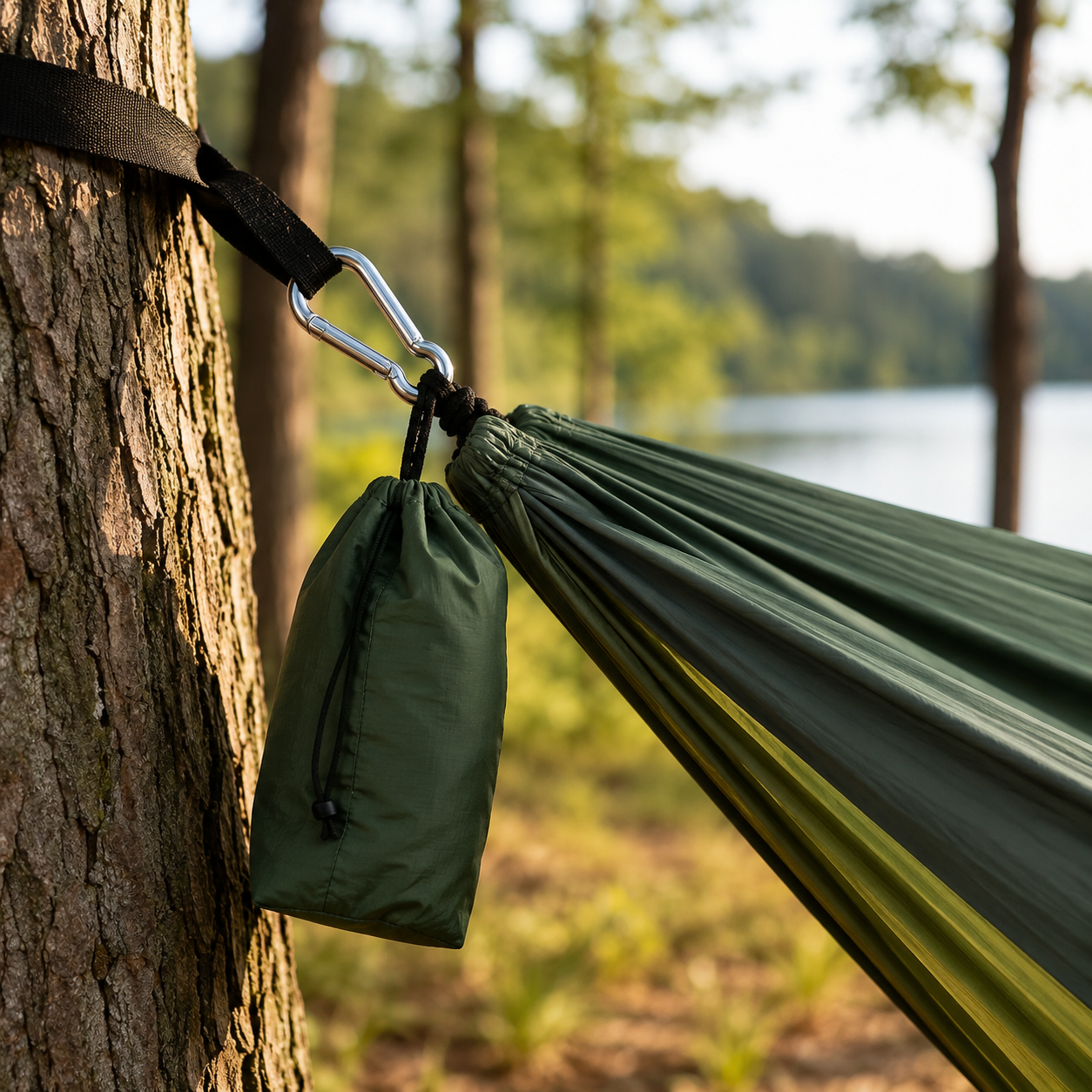 Drift & Doze Camping Hammock, tree strap and carabiner suspension detail