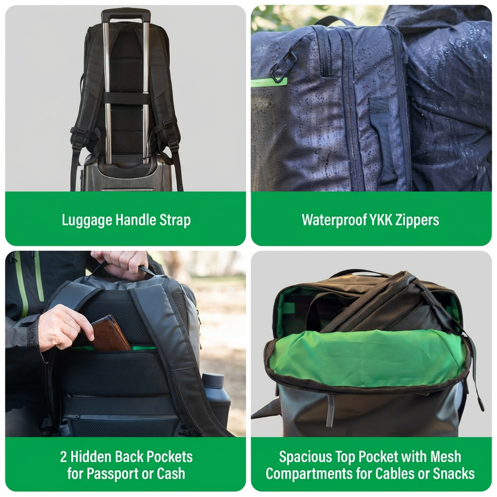 COR Surf Island Hopper 2.0 features: luggage strap, waterproof zippers, and hidden pockets