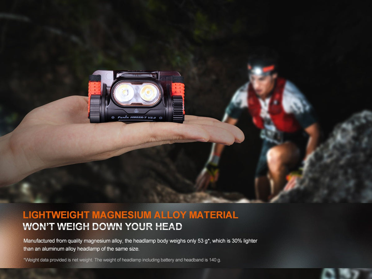 Fenix HM65R-T V2 headlamp worn by a trail runner at dusk