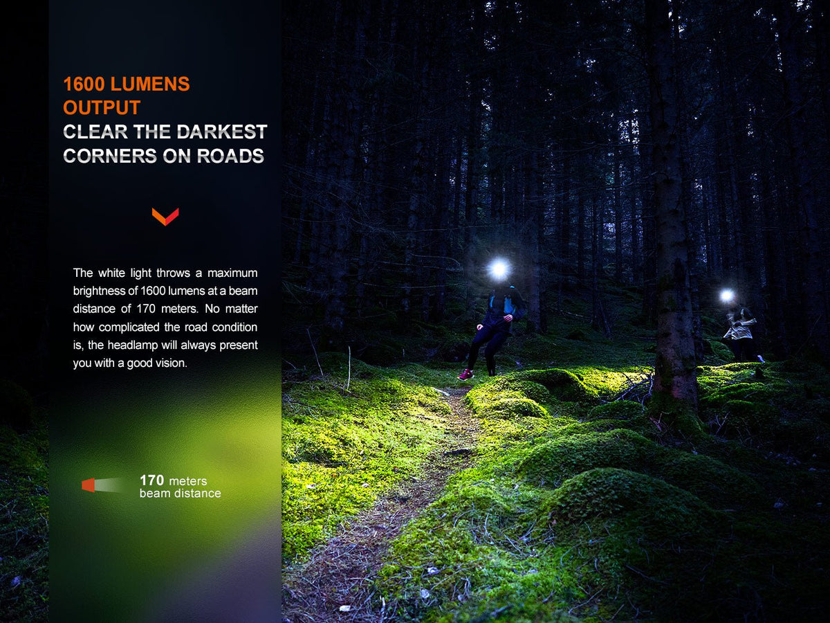 Fenix HM65R-T V2 headlamp trail runners at night, white light throwing 1600 lumens to a 170-meter beam distance