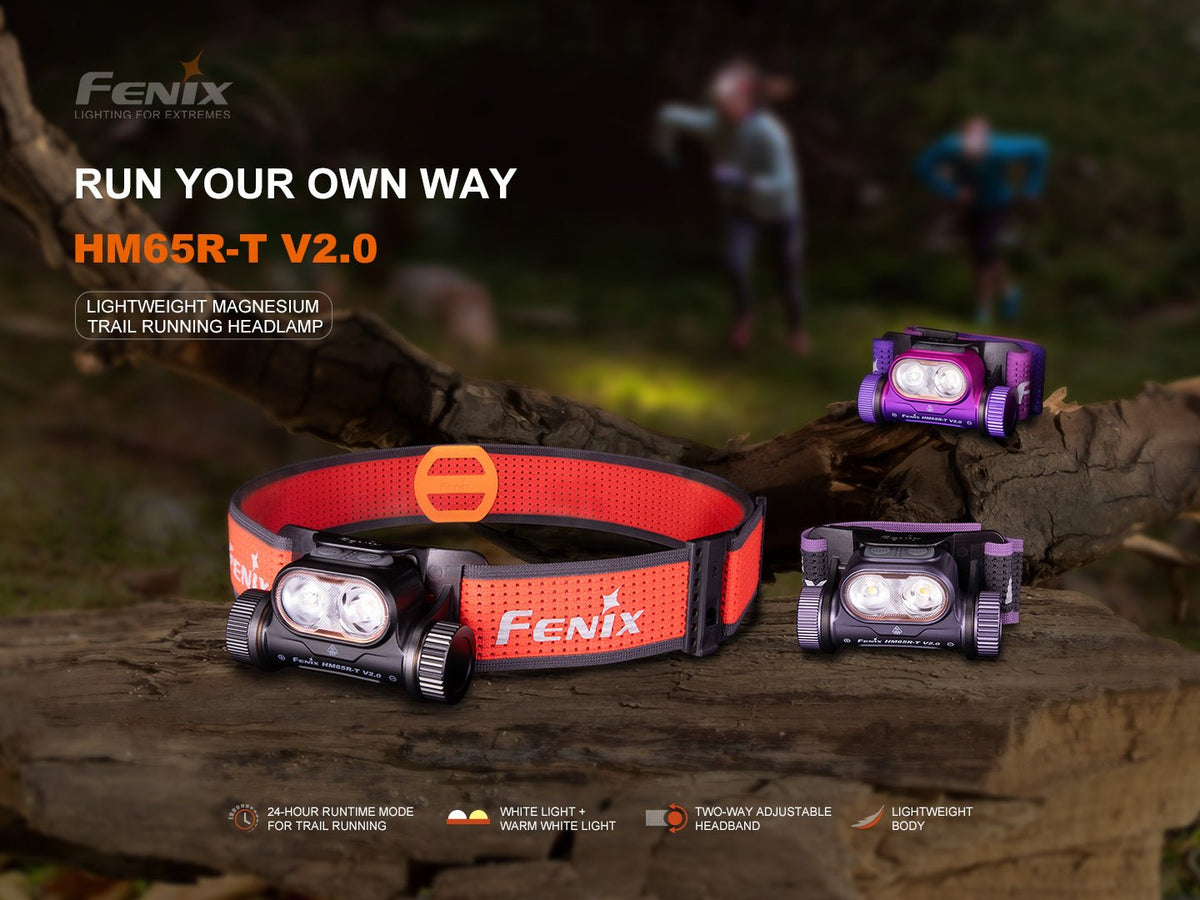 Fenix HM65R-T V2 headlamp, close-up of the dual-beam lens