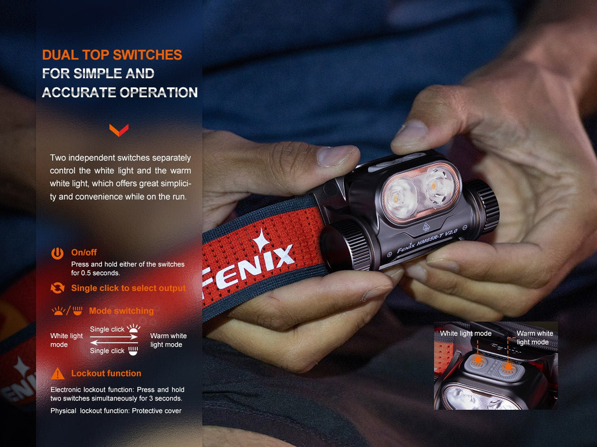 Fenix HM65R-T V2 headlamp dual top switches, one controlling white light and one controlling warm white light
