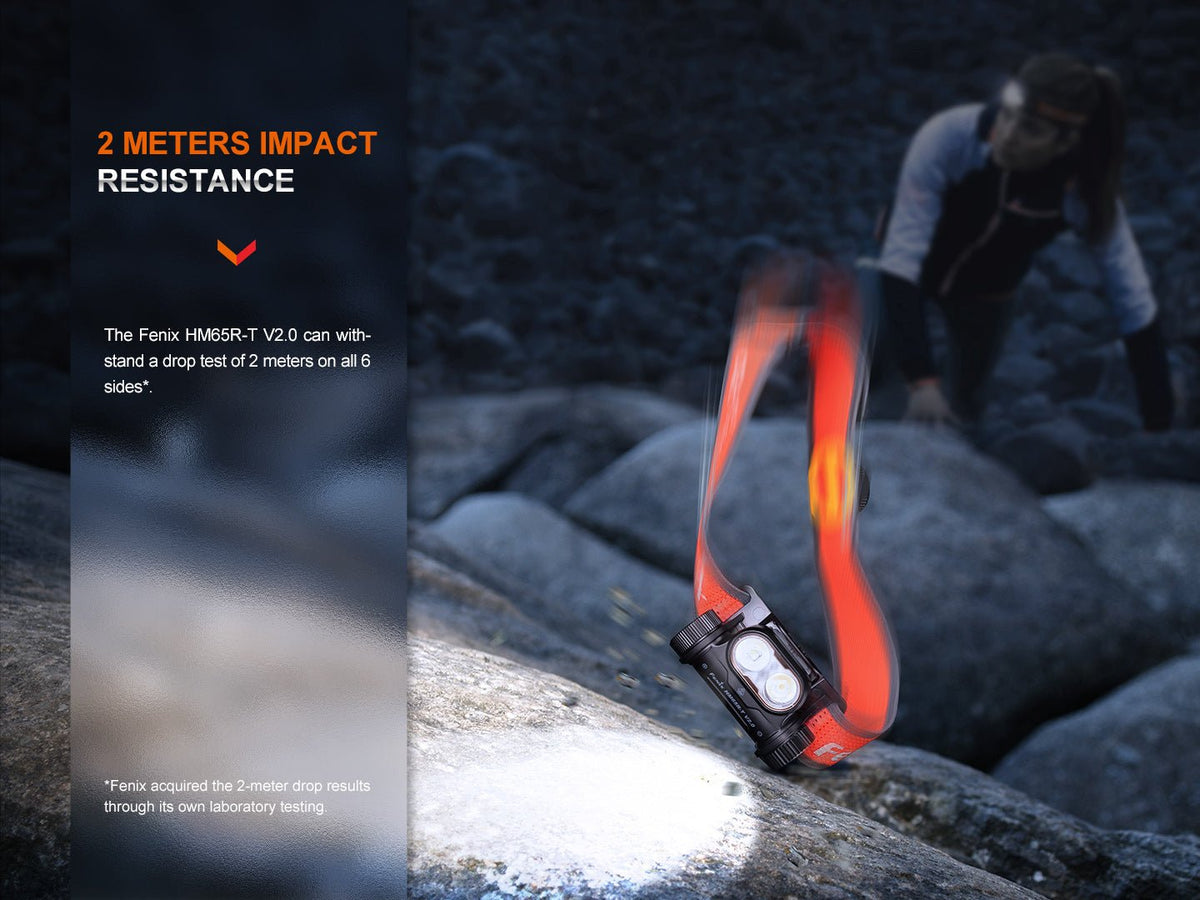 Fenix HM65R-T V2 headlamp withstanding a 2-meter drop test, shown mid-fall onto rocks