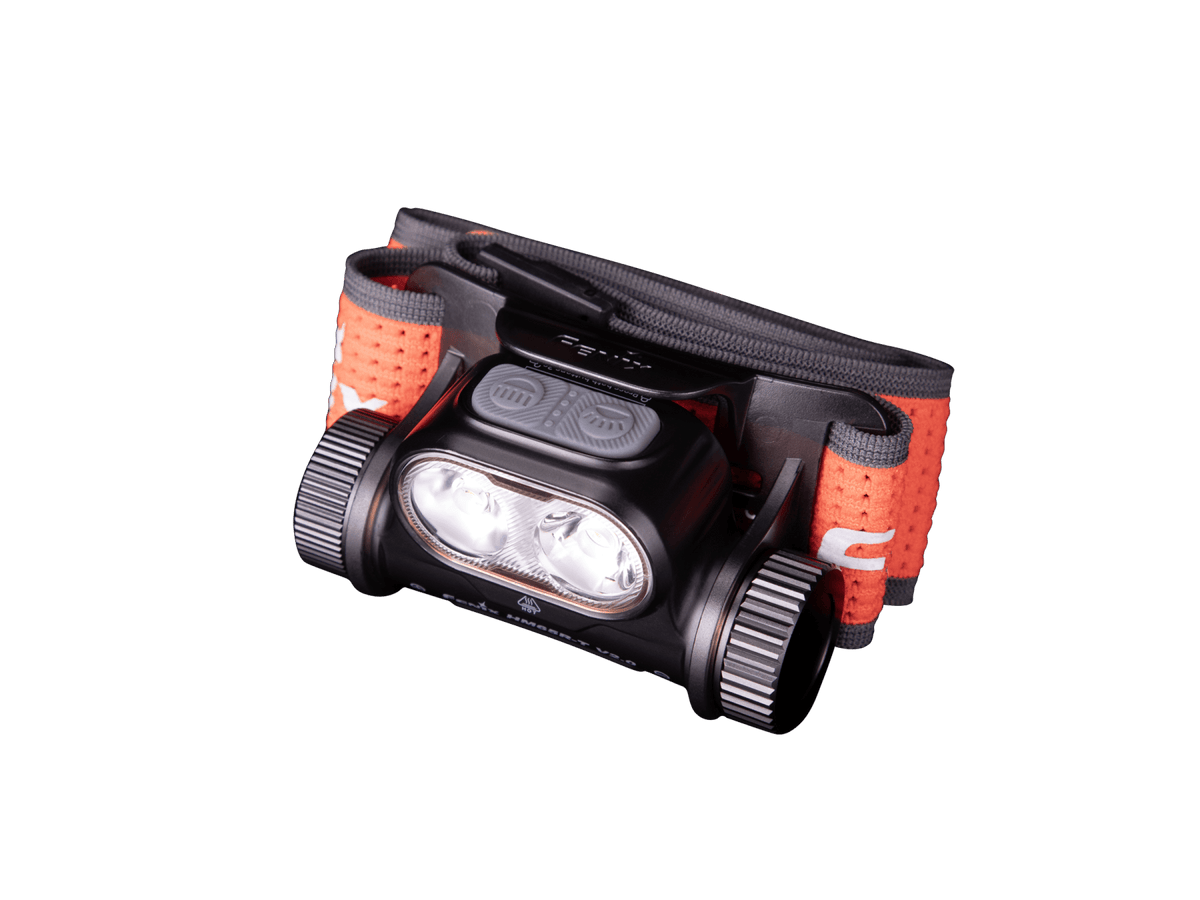 Fenix HM65R-T V2 headlamp, angled product shot on gray background