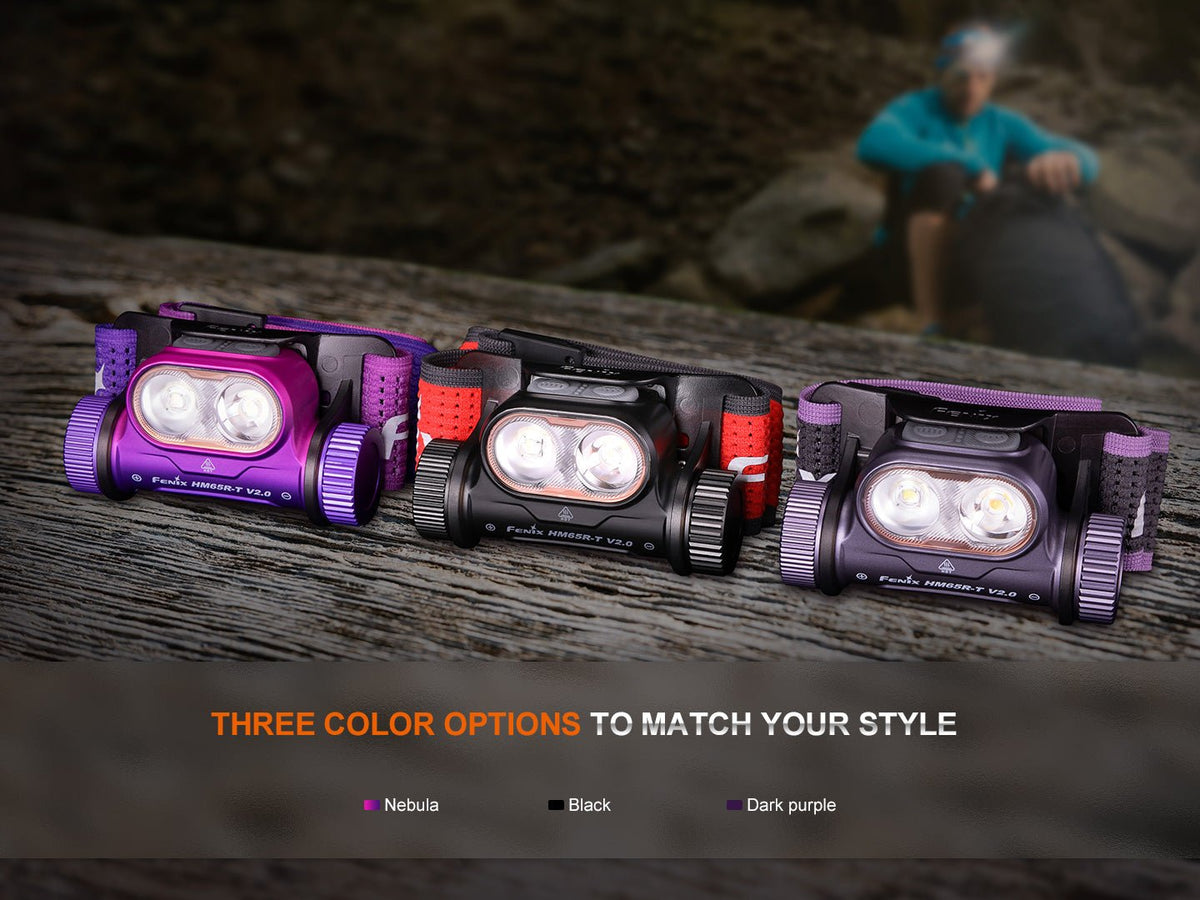 Fenix HM65R-T V2 headlamp in three color options: Nebula, Black, and Dark Purple