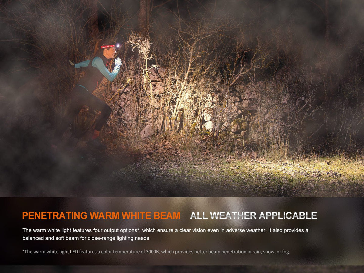 Fenix HM65R-T V2 headlamp worn on a night trail run, warm white beam penetrating fog and brush