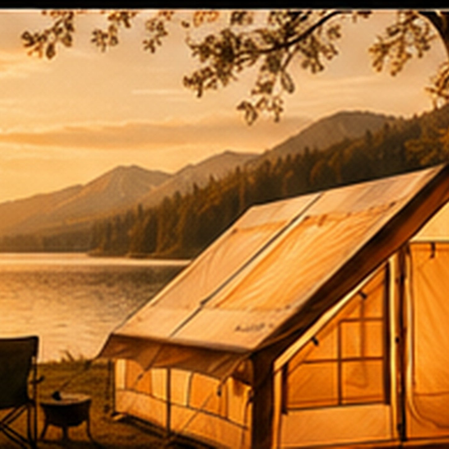 Starry Sky Basecamp Tent at golden hour by a lake