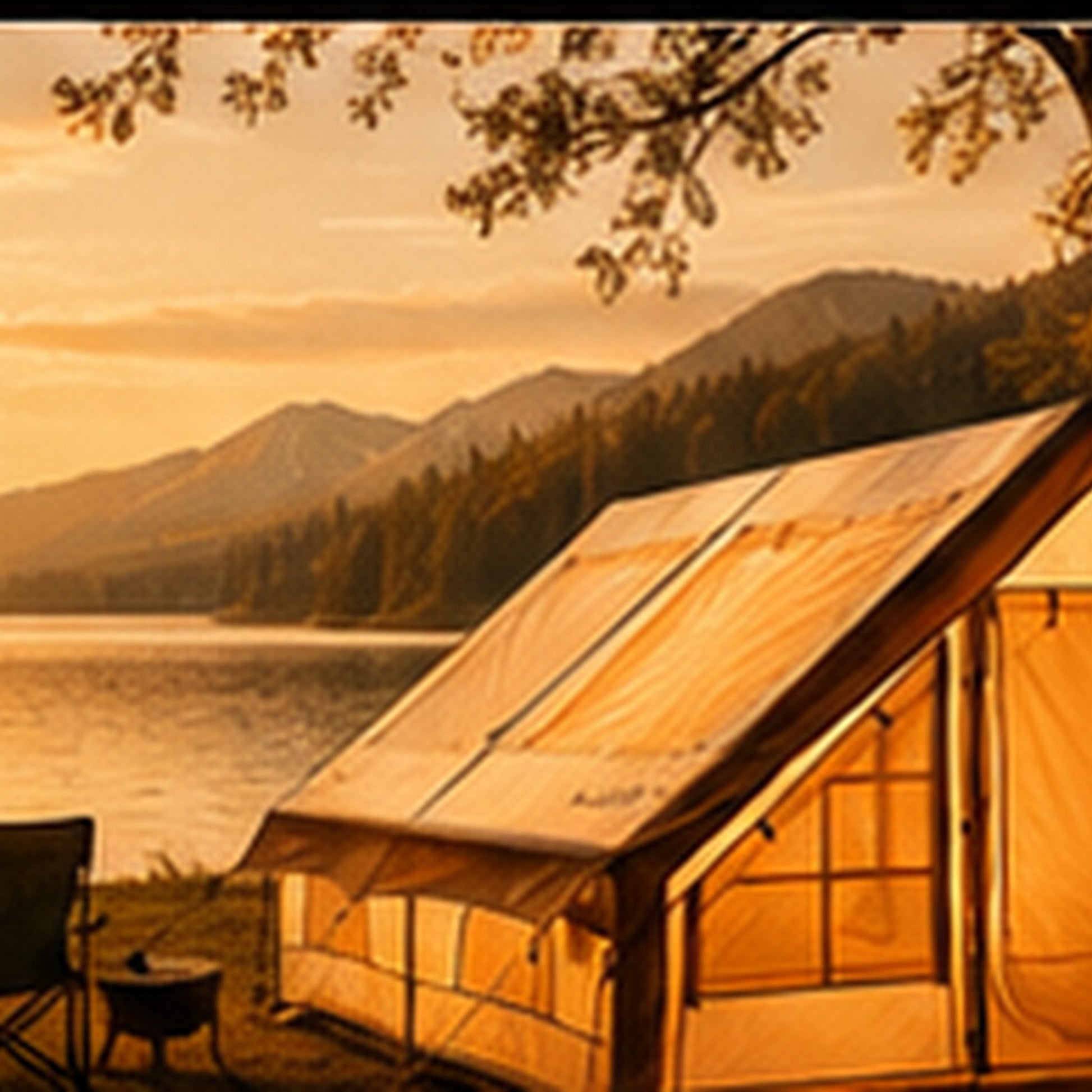 Starry Sky Basecamp Tent at golden hour by a lake