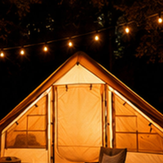 Starry Sky Basecamp Tent at night with string lights