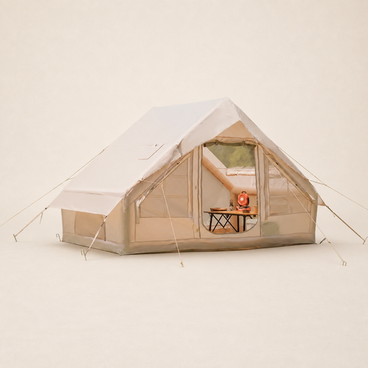 Starry Sky Basecamp Tent in Khaki, primary product shot with roll-up window and camp table visible inside