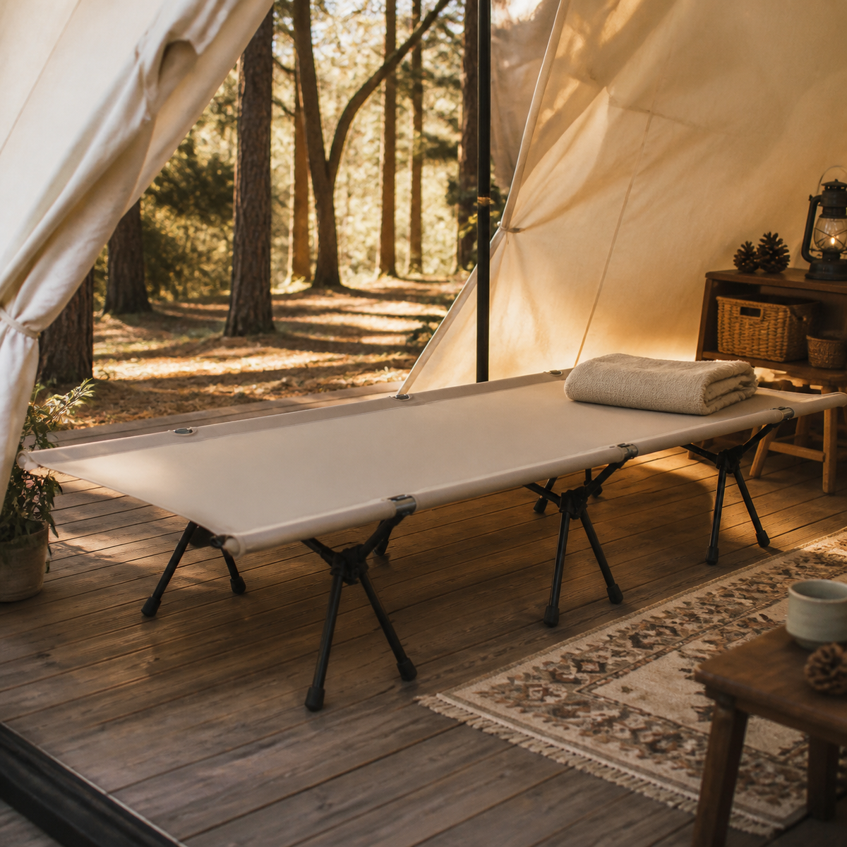 Summit Rest beige folding camp cot inside a warm canvas glamping tent