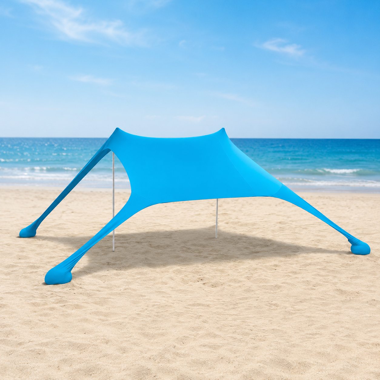 Sundeck Awning, blue, main hero shot on the beach