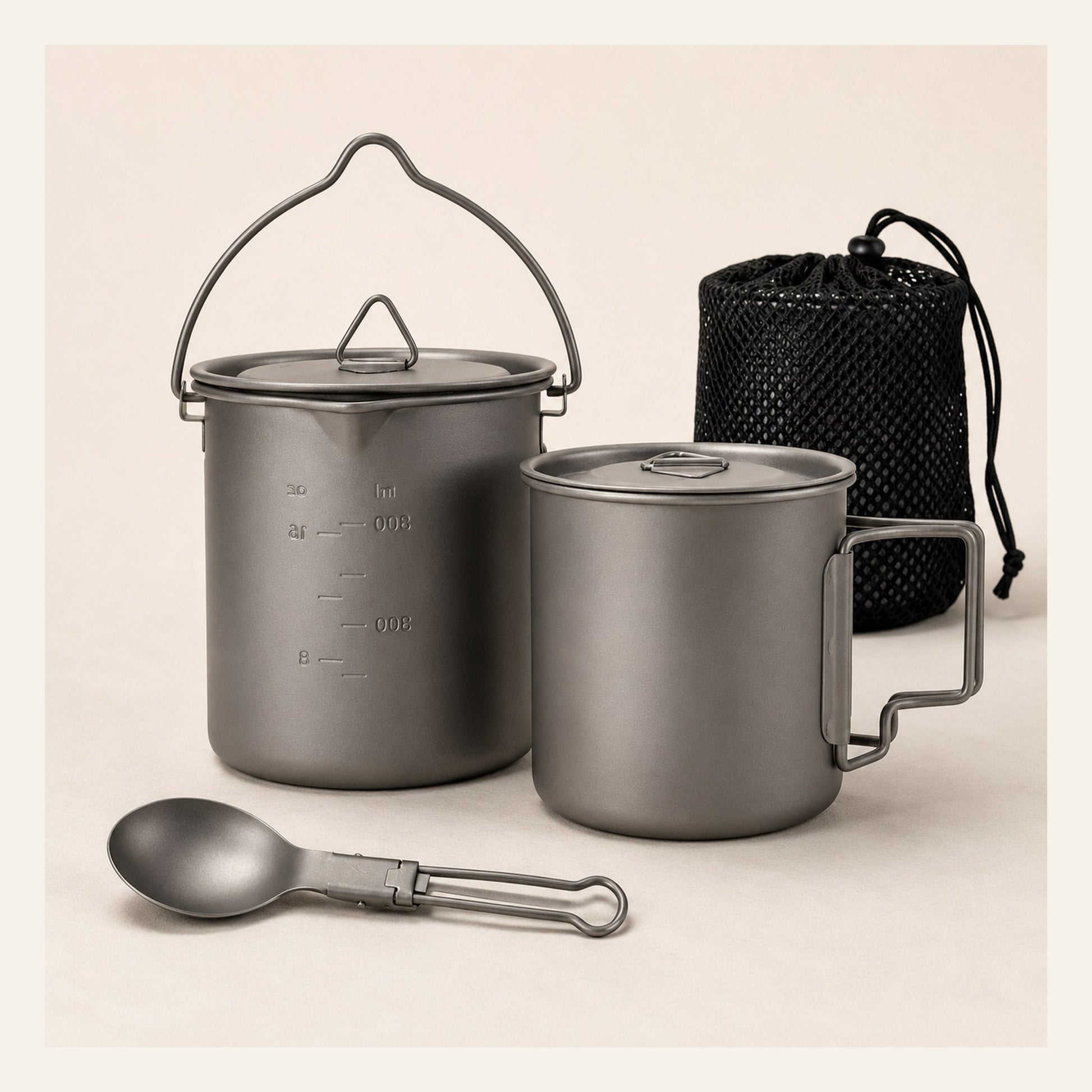 Titanium Trail Cookware Set with measurement markings on the pot